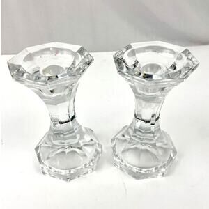 VTG Pair Of Heavy Lead Crystal Glass Candlesticks 5.5” Ornate Candle Holder‎